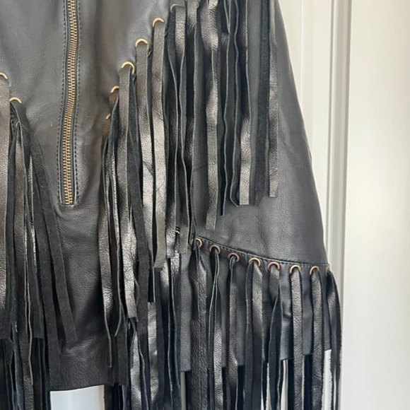 Understated Leather Leather Mini Skirt with Tassels in Black - Picture 6 of 11